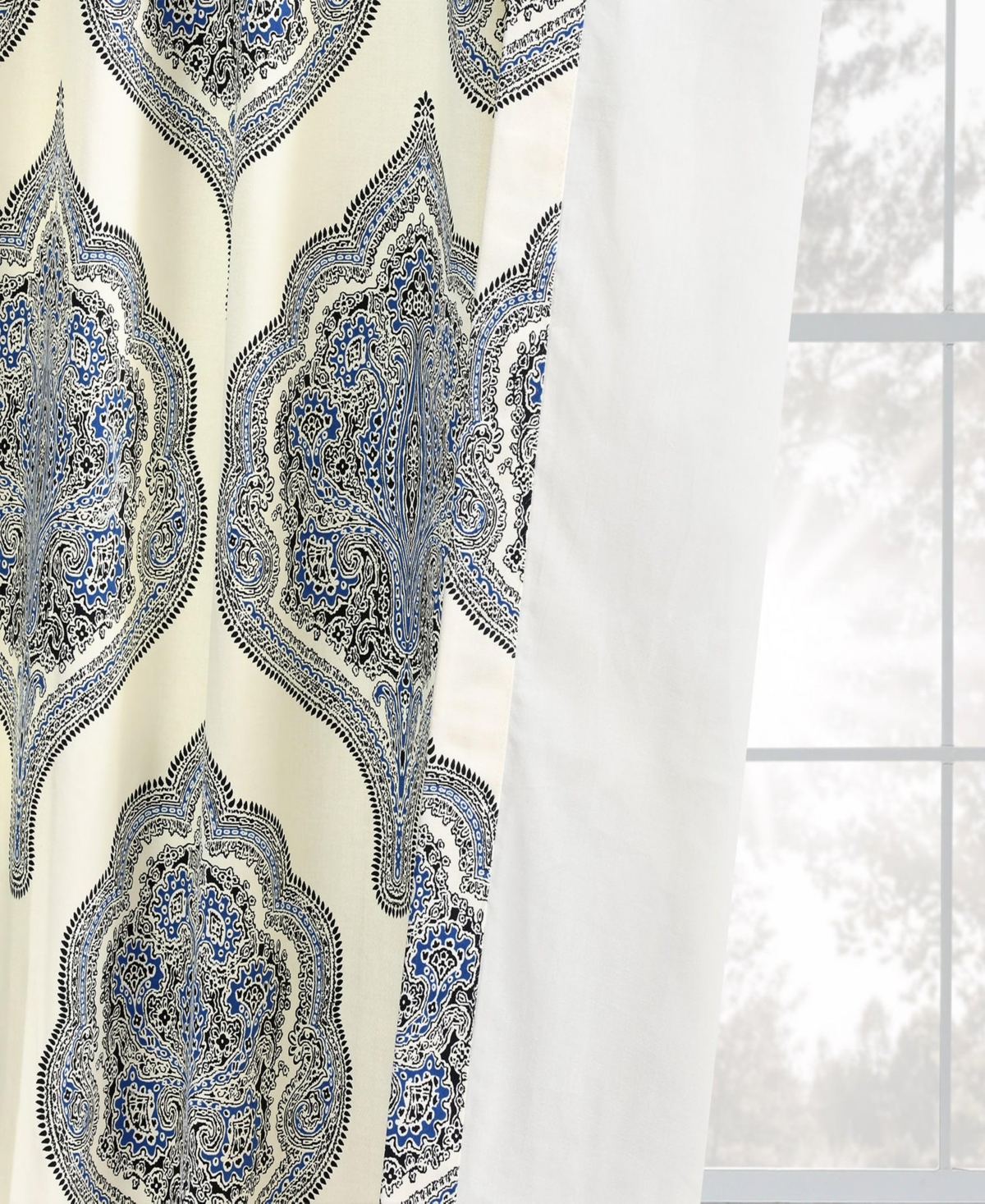 Half Price Drapes Arabesque Blue Emblem Printed Cotton Room Darkening Curtain