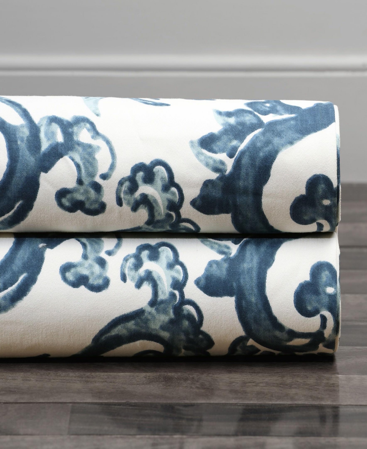 Half Price Drapes Indonesian Blue Floral Printed Cotton Room Darkening Curtain