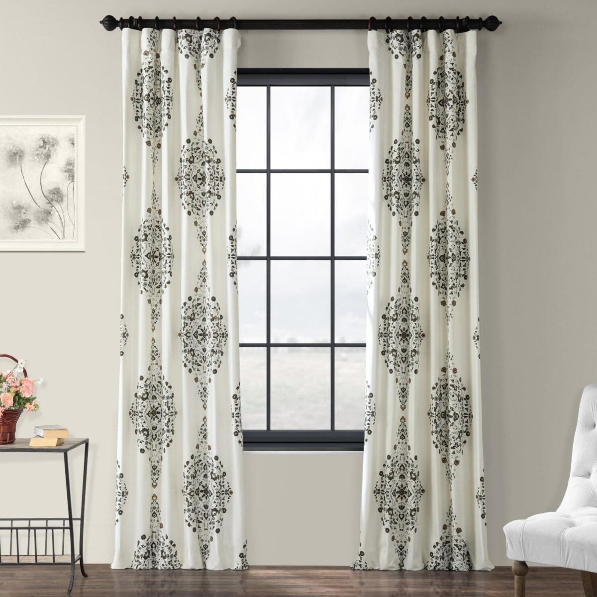 Kerala Cocoa Emblem Printed Cotton Room Darkening Curtain - Cream