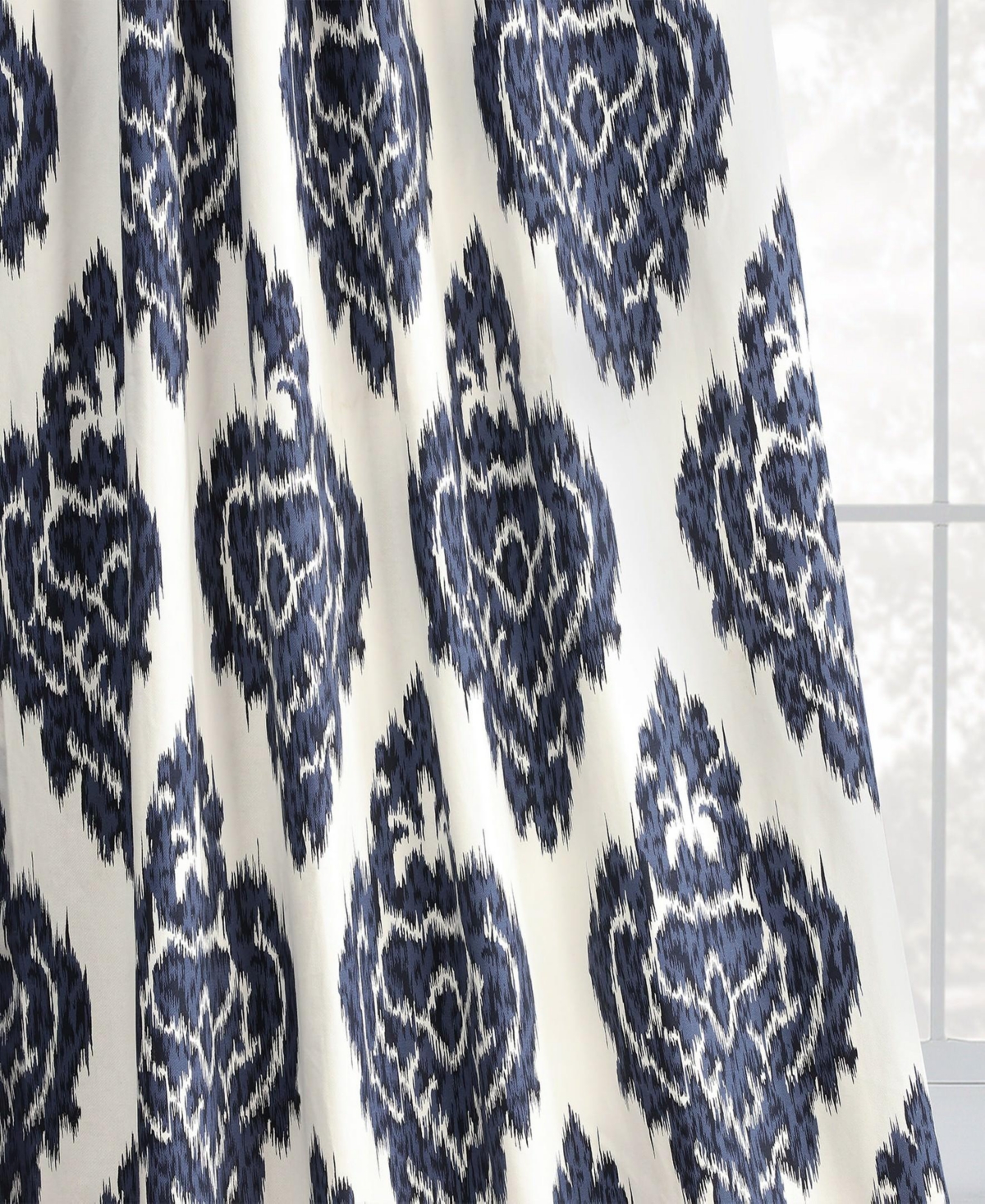 Half Price Drapes Ikat Blue Damask Printed Cotton Room Darkening Curtain