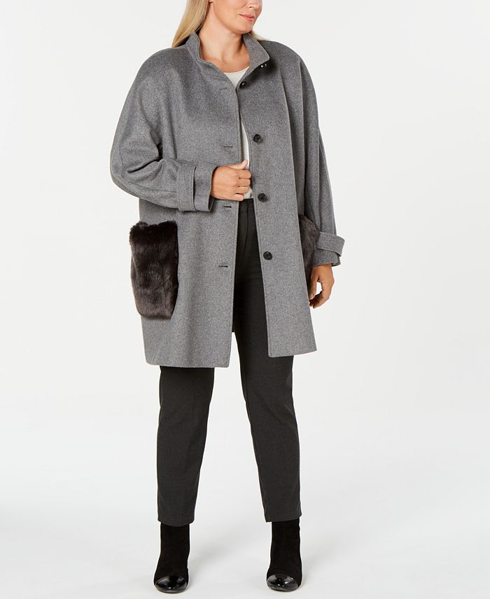 DKNY Plus Size Faux Fur Pocket Walker Coat Macy s
