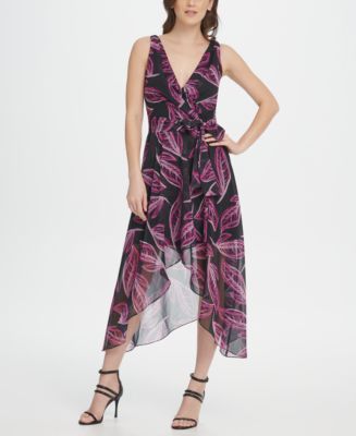 DKNY Chiffon Floral Double-V Wrap Midi Dress - Macy's