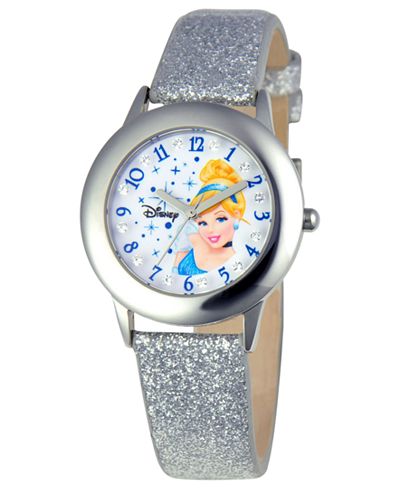 Disney Watch, Kid's Glitz Cinderella Silver Glitter Leather Strap 31mm W000392