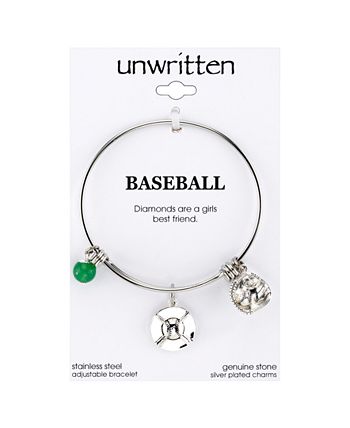 Unwritten - Baseball Charm and Green Aventurine (8mm) Bangle Bracelet in Stainless Steel