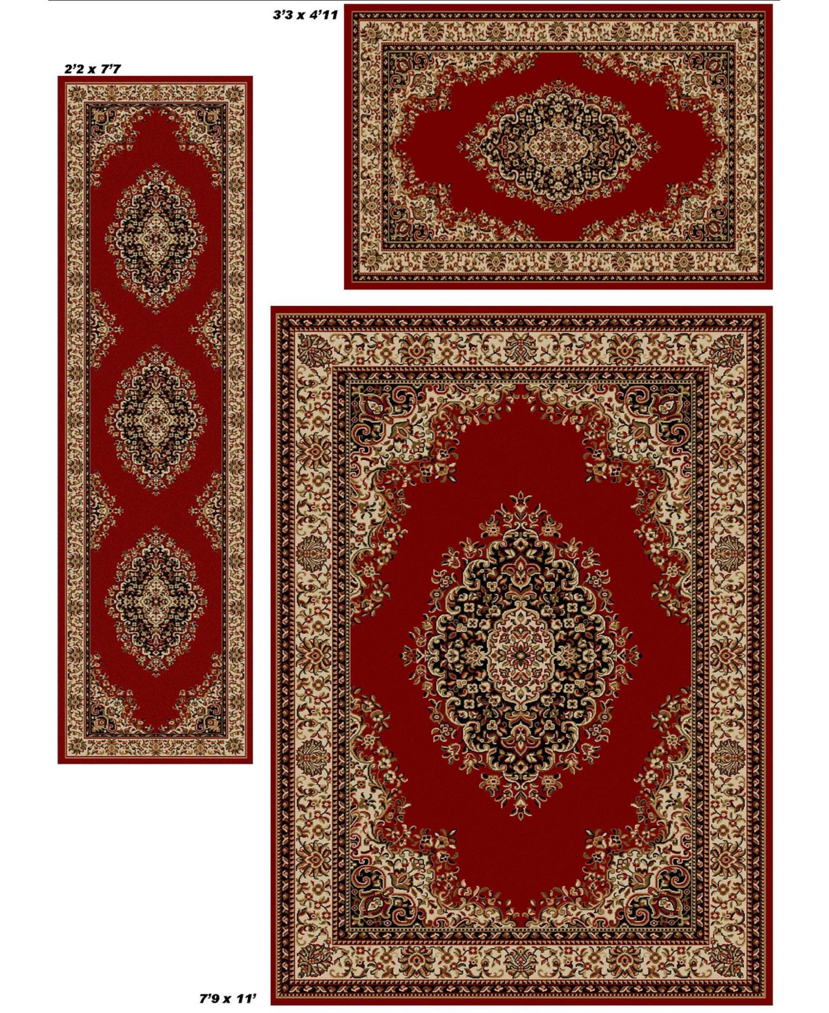 Km Home Kenneth Mink Area Rug Set, Roma Collection 3 Piece Set Kerman Red