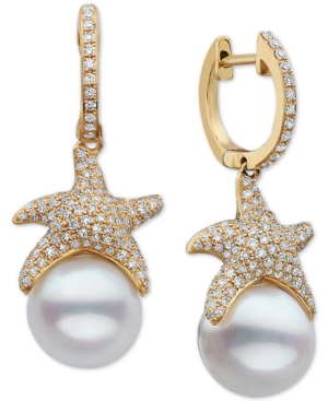 image of Effy Cultured Freshwater Pearl (9-1/2mm) & Diamond (3/4 ct. t.w.) Starfish Drop Earrings in 14k Gold
