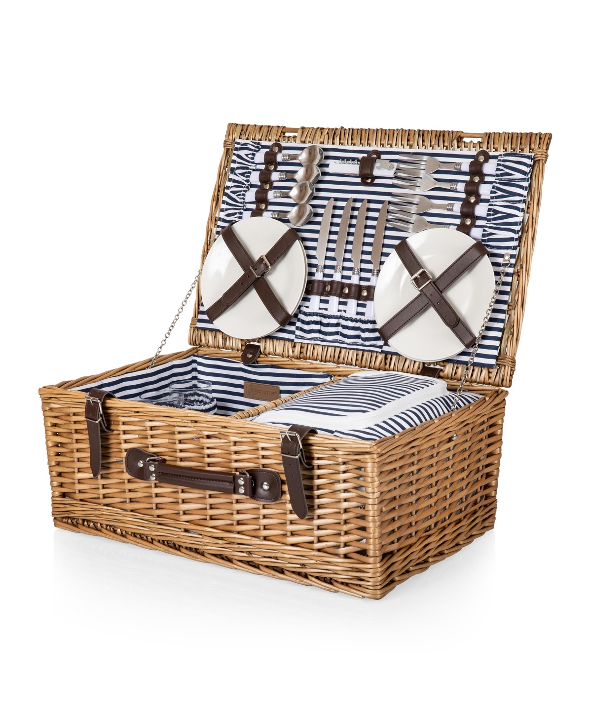 Picnic Time Kansas Handwoven Wood Picnic Basket, Navy Blue & White Stripe