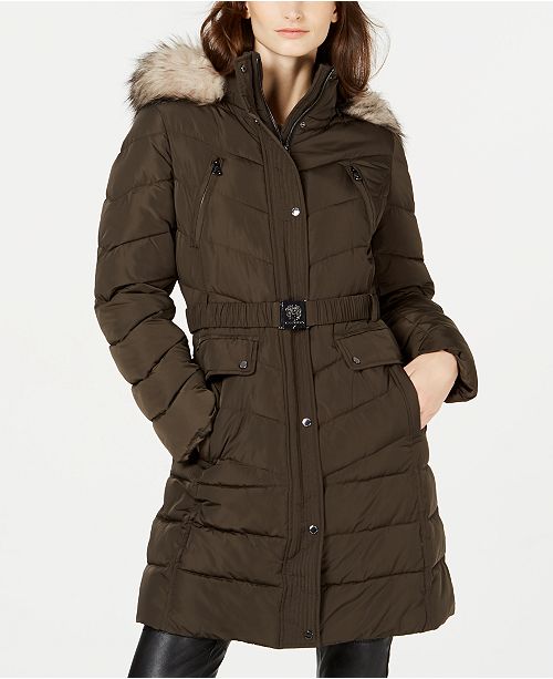 Vince Camuto Hooded Faux Fur Trim Belted Puffer Coat Created For Macy S Reviews Coats Women Macy S