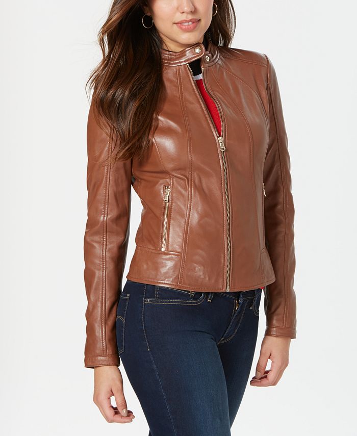 GUESS Leather Jacket with Snap Collar - Macy's