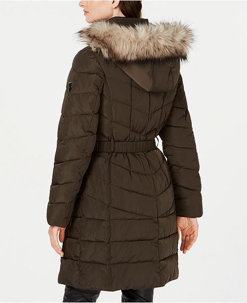 Vince Camuto Hooded Faux Fur Trim Belted Puffer Coat Created For Macy S Reviews Coats Women Macy S