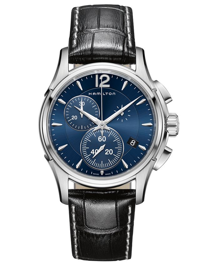 Hamilton - Men's Swiss Chronograph Jazzmaster Black Leather Strap Watch 42mm