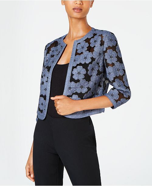 Floral Chambray Mesh Open Front Cardigan Floral Chambray Mesh Open Front Cardigan