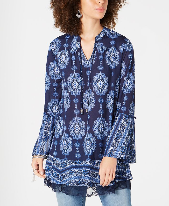 Style & Co Printed LaceTrimmed BellSleeve Tunic Top, Created for Macy
