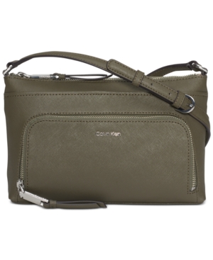 Calvin Klein Lily Saffiano Leather Crossbody In Olive/silver