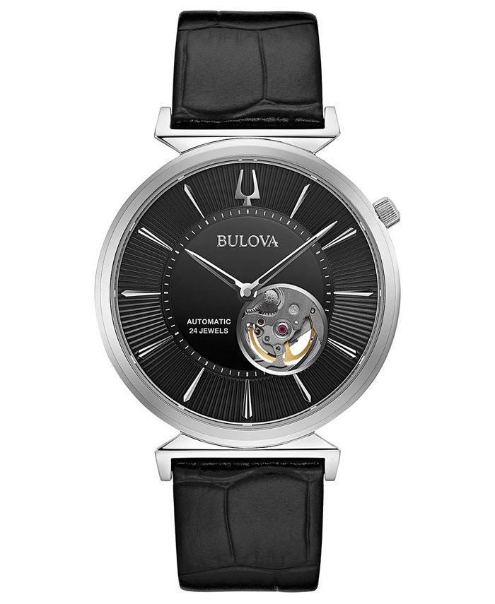 Bulova - Men's Automatic Regatta Black Leather Strap Watch 40mm