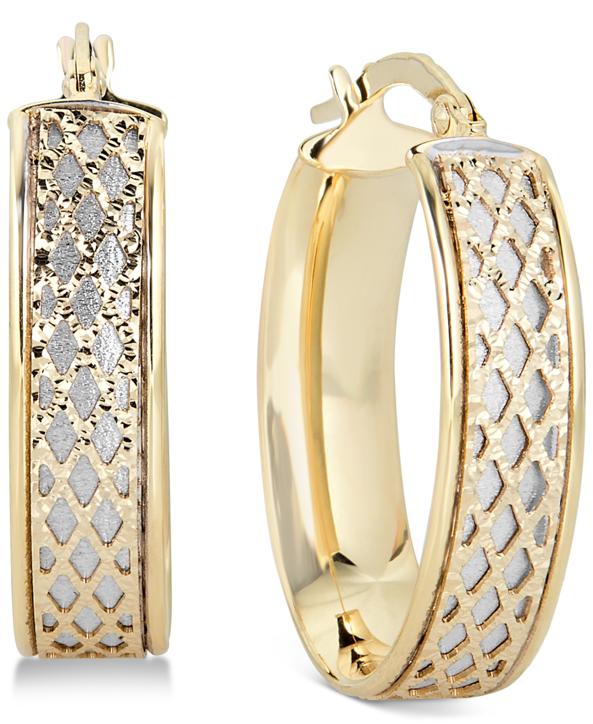 Lattice-Design Oval Hoop Earrings in 14k White Gold and 14k Gold - Gold