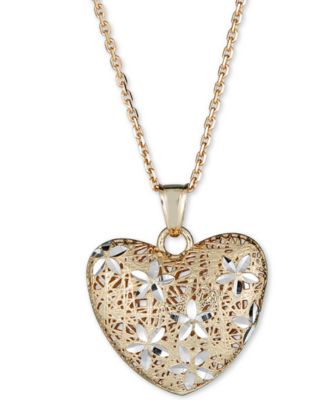 Italian Gold - Two-Tone Filigree Heart 18" Pendant Necklace in 14k Gold & White Gold