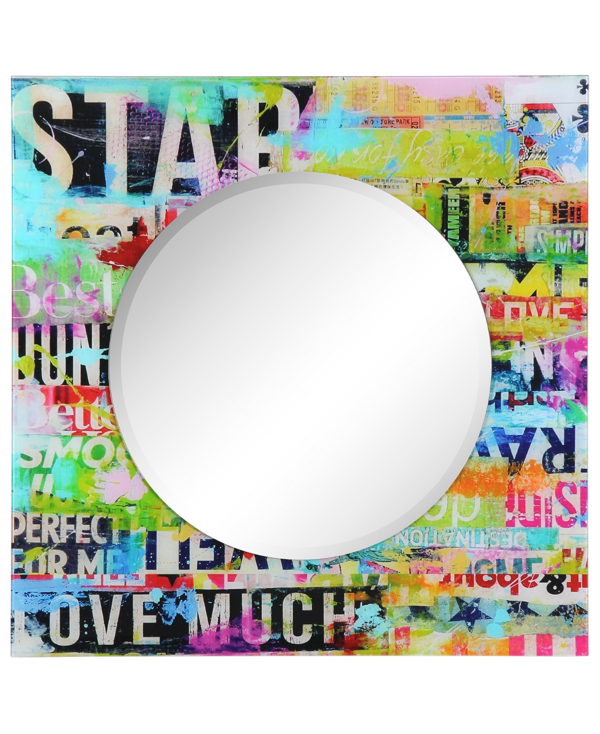 Reverse Printed Tempered Art Glass with Round Beveled Mirror Wall Decor 36" x 36" - Multi
