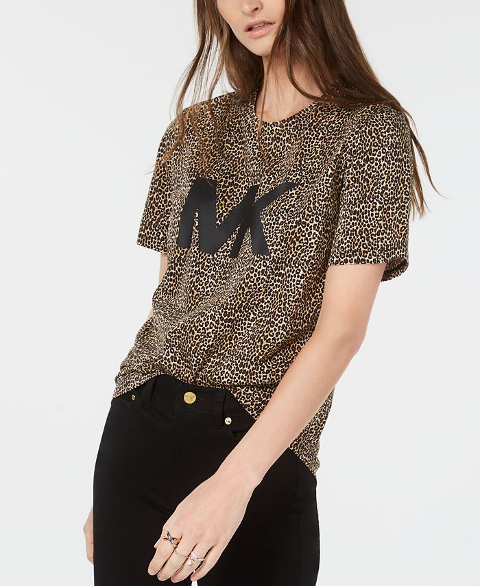 Michael Kors Petite Cotton Leopard-Print Logo T-Shirt - Macy's