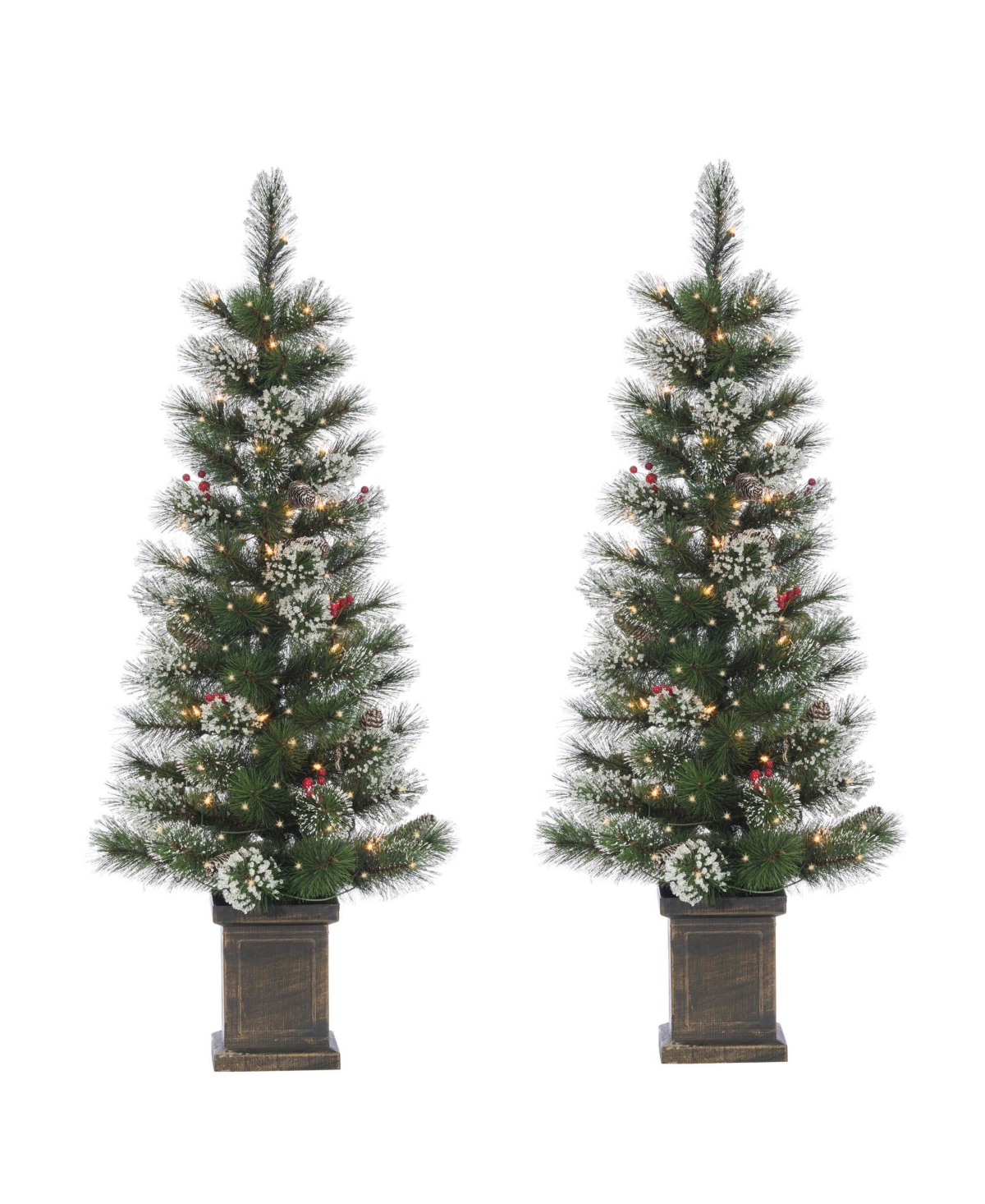 4Ft Potted Hard Mixed Needle Loveland Spruce with Iced Tips, Pine Cones, Red Berries and 50 Clear White Lights - Set of 2 - Green