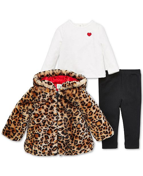 Little Me Baby Girls 3 Pc Leopard Print Faux Fur Jacket Heart Top