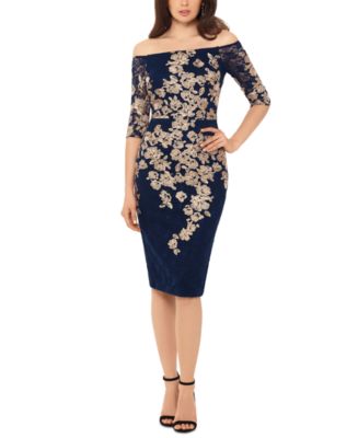 XSCAPE Off-The-Shoulder Gold-Embroidered Dress - Macy's