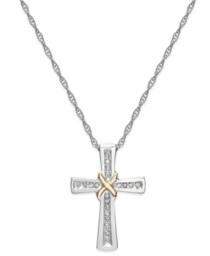 image of Diamond Cross X Pendant Necklace in Sterling Silver and 14k Gold (1/10 ct. t.w.)