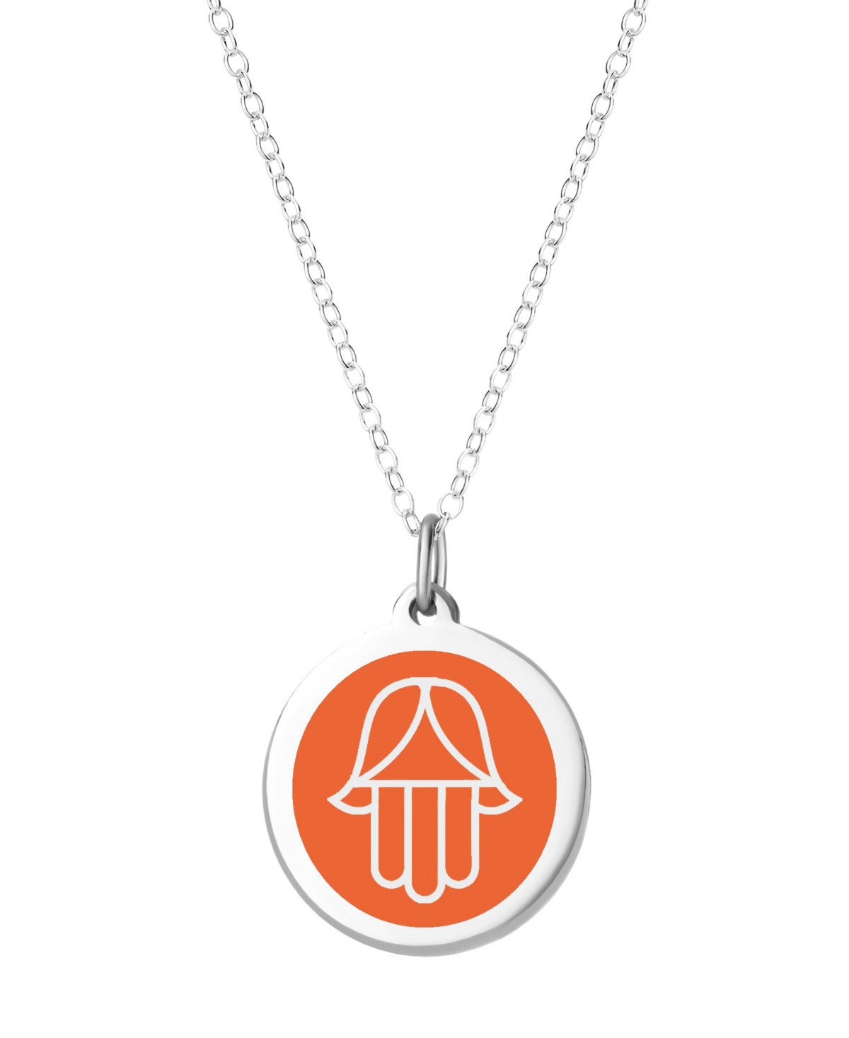 Hamsa Pendant Necklace in Sterling Silver and Enamel, 16" + 2" Extender - Orange