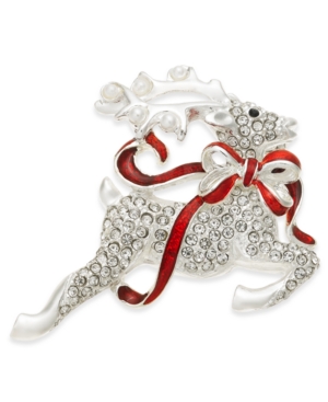 image of Holiday Lane Silver-Tone Crystal Flying Reindeer Pin, Created for Macy-s