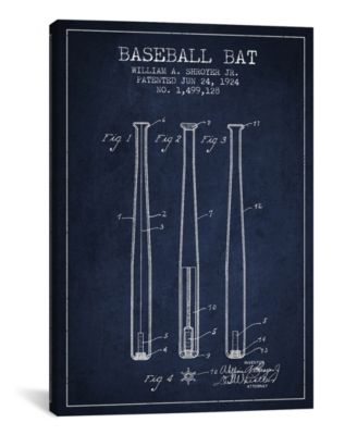 Baseball Bat Navy Blue Patent Blueprint by Aged Pixel Wrapped Canvas Print - 26" x 18"