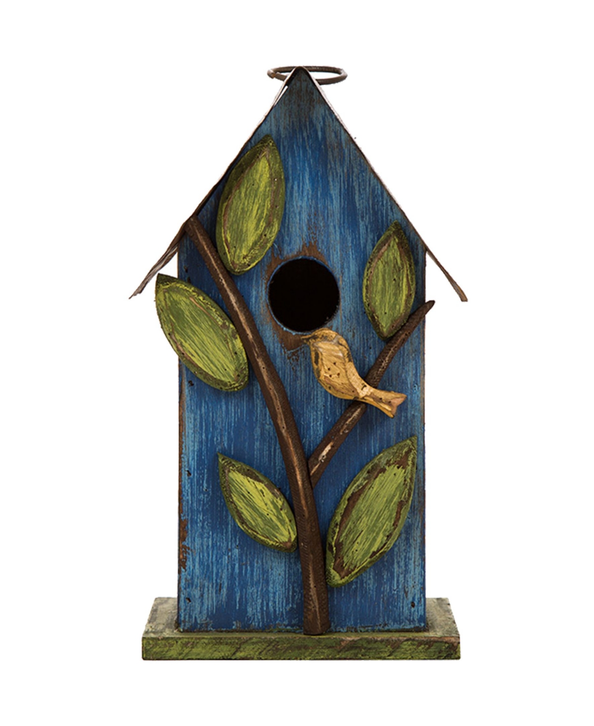 Distressed Solid Wood Birdhouse with Leaves - Blue