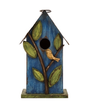 Glitzhome Distressed Solid Wood Birdhouse With Leaves In Blue