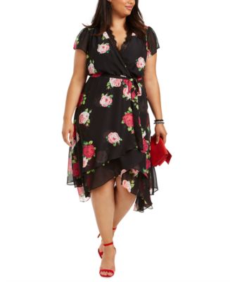 Betsey Johnson Trendy Plus Size Lace-Trim High-Low Wrap Dress - Macy's