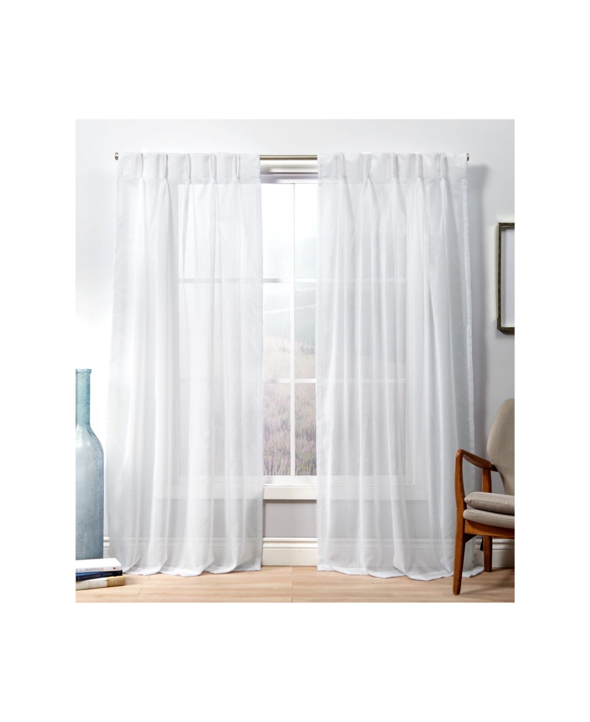 Curtains Penny Sheer Embellished Stripe Grommet Top Curtain Panel Pair, 27" x 108" - White