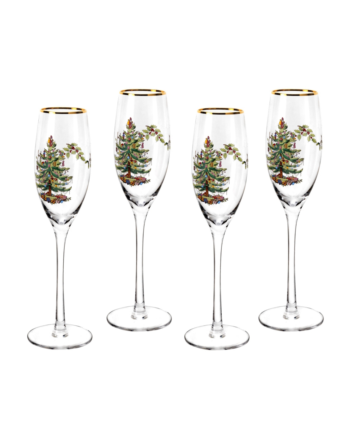 Spode Christmas Tree Champagne Flutes, Set Of 4 In Green