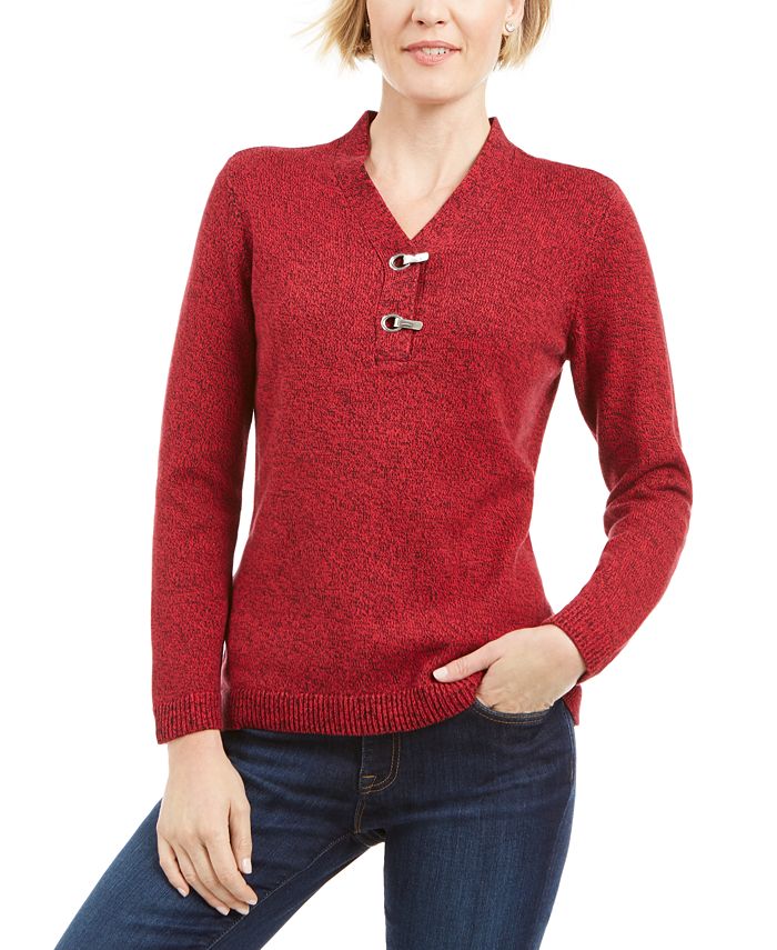 Karen Scott Petite Hardware Trim Cotton Henley Sweater Created