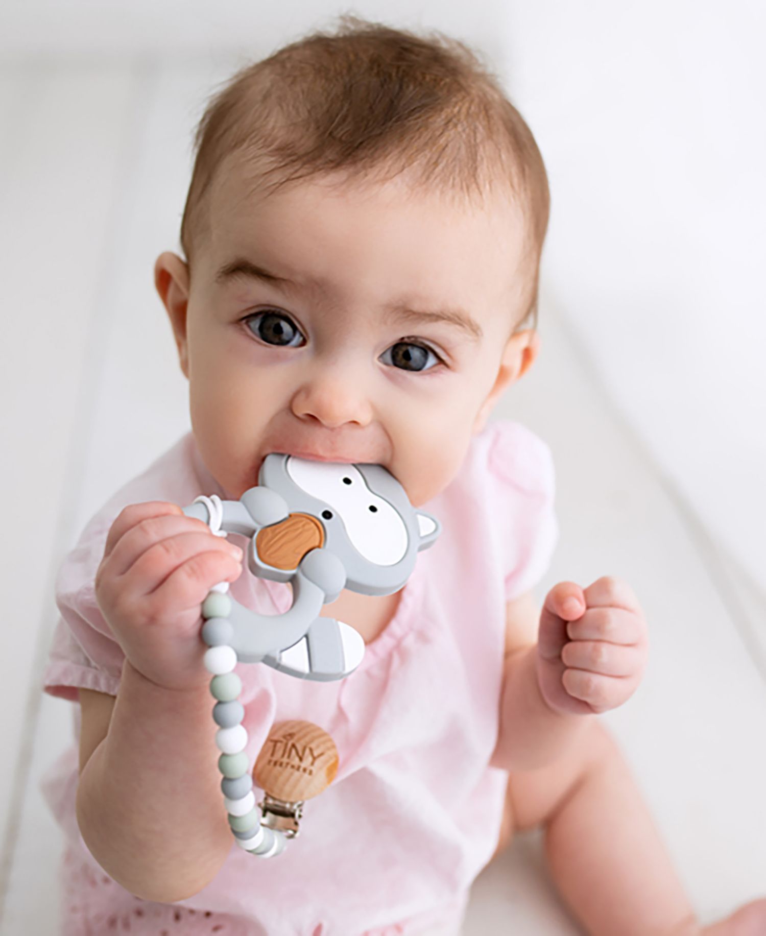 3 Stories Trading Tiny Teethers Infant Silicone Pacifier Clip With Large Removable Teether, Raccoon