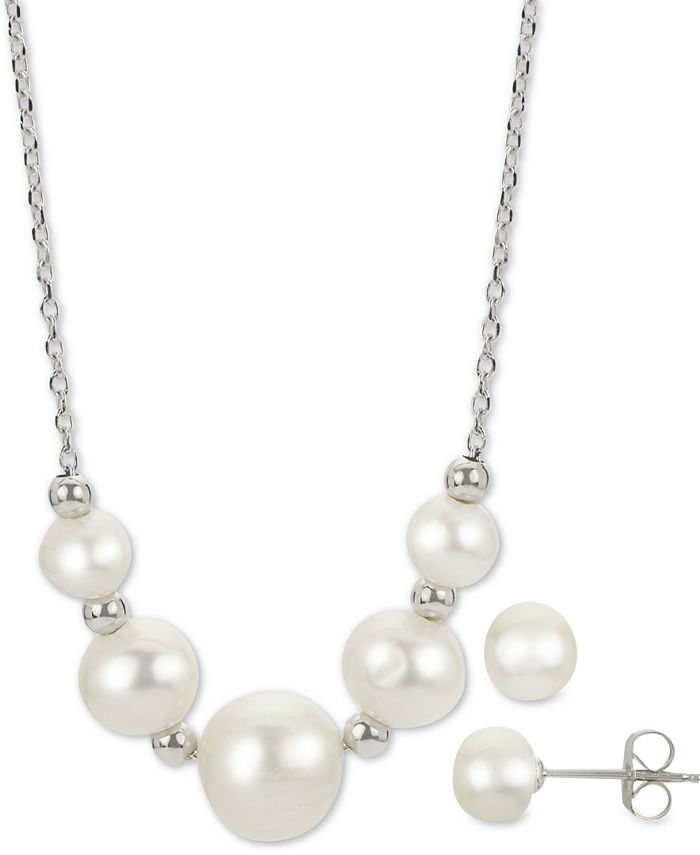 Macy's - 2-Pc. Cultured Freshwater Pearl 18" Collar Necklace & Stud Earrings Set in Sterling Silver