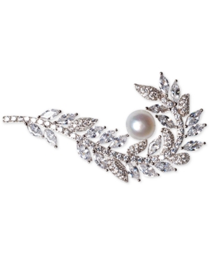 image of Cultured Freshwater Pearl (7mm) & Cubic Zirconia Feather Pin in Sterling Silver