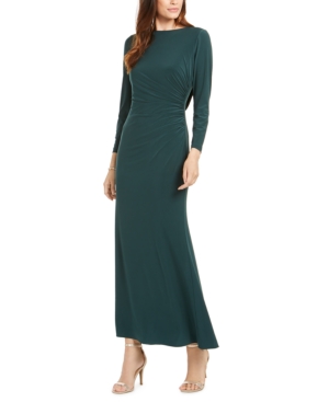 Adrianna Papell Petite Draped & Beaded Jersey Gown In Dusty Emerald Green