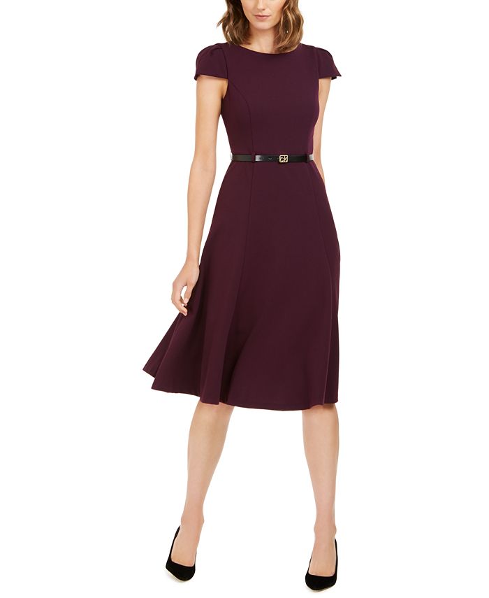 Calvin Klein Belted Cap-Sleeve Fit & Flare Dress - Macy's
