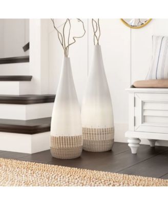 Spun Bamboo and Coiled Seagrass Patterned Vase, Set of 2