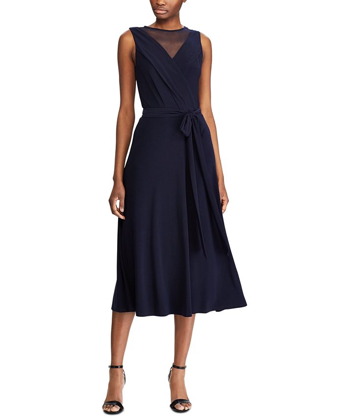 Lauren Ralph Lauren Mesh-Yoke Belted Jersey Dress - Macy's