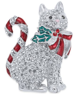 Photo 1 of Holiday Lane Silver-Tone Pavé Candy Cat Pin, Created for Macy's