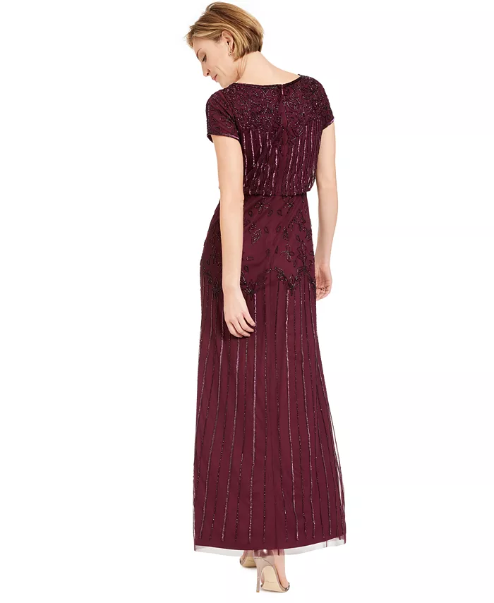 Women's Beaded Short-Sleeve Sheer-Overlay Gown - thumbnail 2