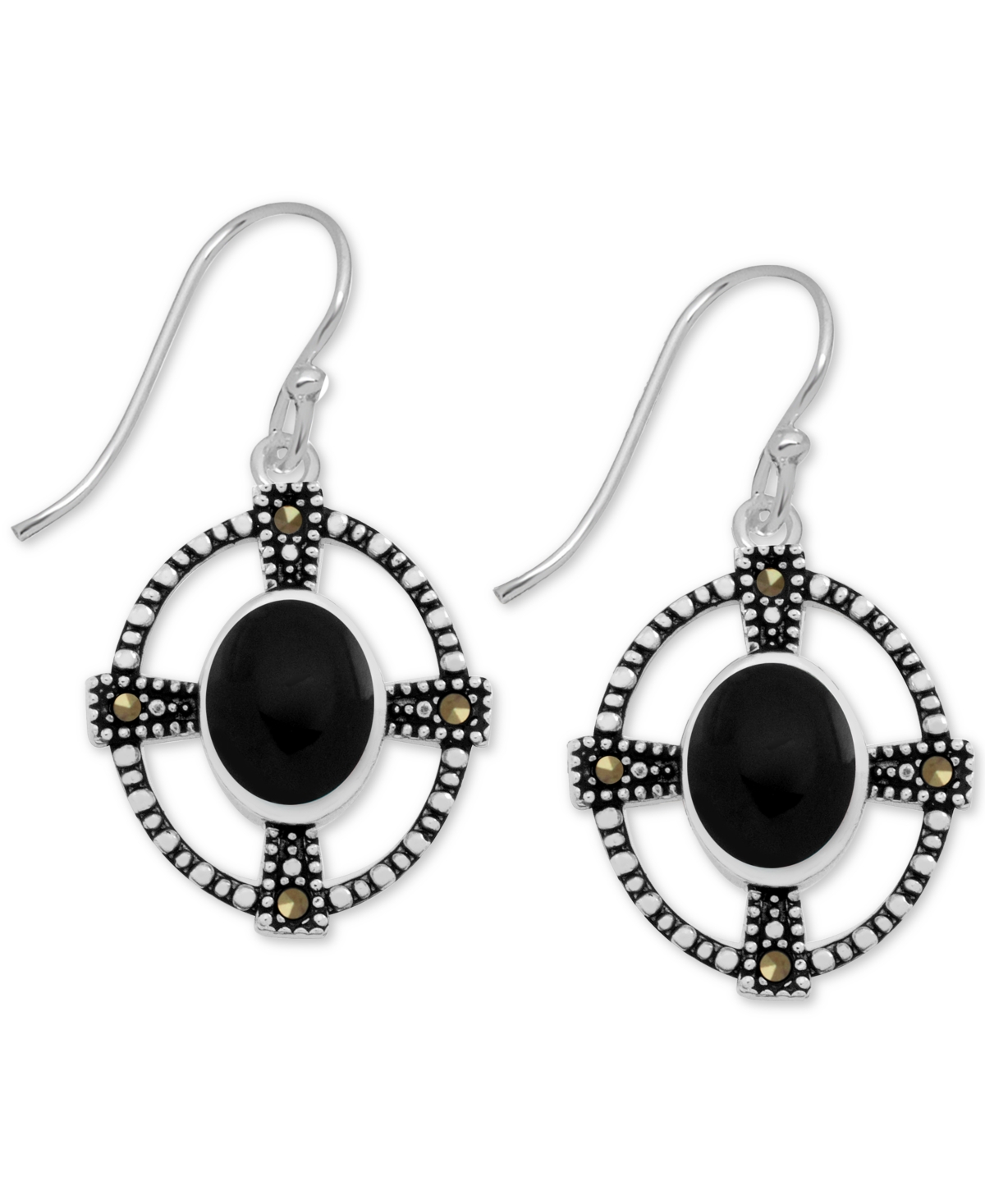 Swarovski Genuine Marcasite Onyx Cross Oval Drop Earrings in Silver-Plate