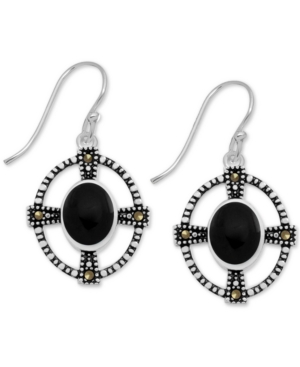 image of Genuine Swarovski Marcasite Onyx Cross Oval Drop Earrings in Fine Silver-Plate (Also in Turquoise)