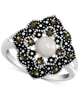 image of Genuine Swarovski Marcasite & Freshwater Pearl (5mm) Ring in Fine Silver-Plate