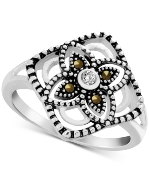 image of Genuine Swarovski Marcasite & Crystal Flower Statement Ring in Fine Silver-Plate