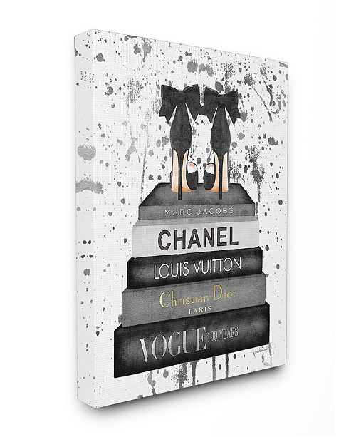 Stupell Industries Glam Fashion Book Stack Gray Bow Pump Heels Ink